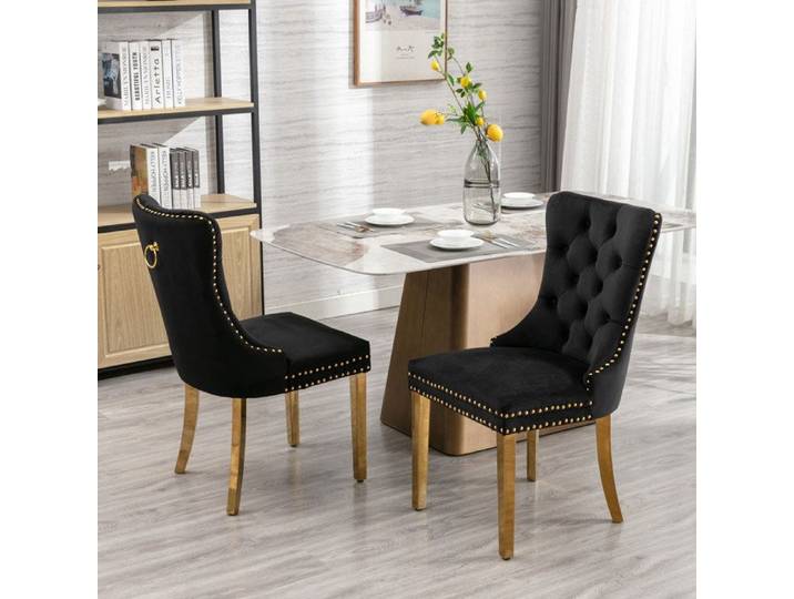 URTR - Lot de 2 chaises à manger velours capitonné - Collection Nikki rivets pieds bois finition dorée noir