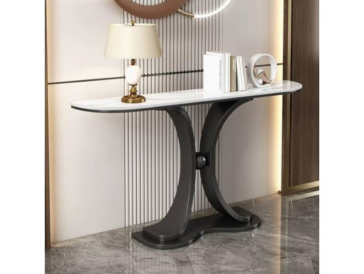 Moderner Konsolentisch, Schmaler Beistelltisch Mit Marmoroptik Für Flur Stabile Metallstruktur, platzsparendes Design, vielseitiger Sofatisch, pflegeleichte Oberfläche(Black+white,47.2 (120cm))