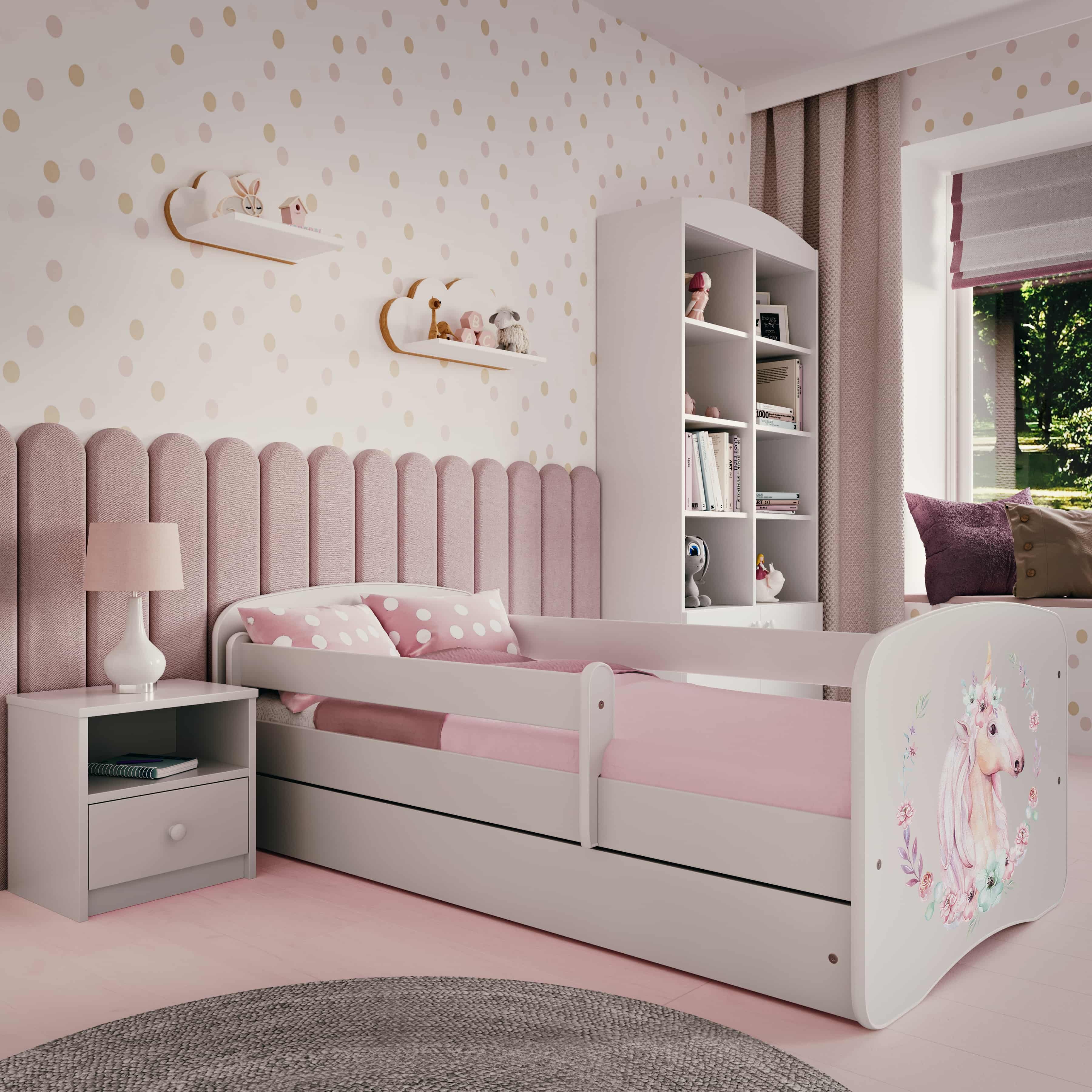 Kinderbett Jugendbett Pferd 70x140, 80x160, 80x180 cm - Komplettset mit Schublade & Rausfallschutz