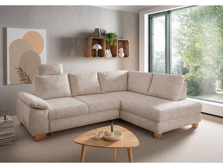 Ecksofa mit Schlaffunktion Beige Strukturstoff Ruta 265 x 109 x 206cm Ottomane davorstehend rechts mit Schlaffunktion Modern