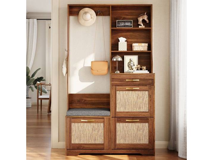 Comfyu - Penderie d'entrée - Armoire de couloir avec banc étagère à chaussures crochets tiroirs et étagères - Marron