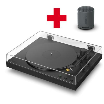 SONY Plattenspieler "PS-LX5BT Plattenspieler + SRS-XB100 Bluetooth-Lautsprecher", schwarz, B:43cm H:11,7cm T:36,6cm, Plattenspieler, Vollautomatik, Riemenantrieb, Tonabnehmer, Hi Res Wi, Phono Vorv.