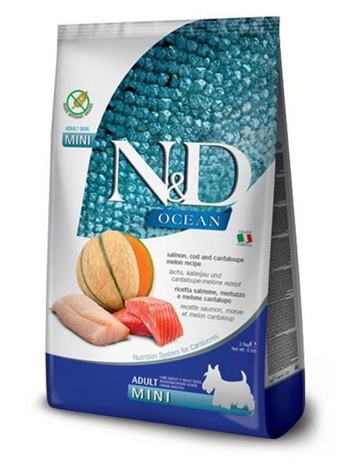 Farmina N&D Ocean Dog Lachs, Kabeljau, Cantaloupe, Melone Adult Mini - Trockenfutter für Hunde - 2.5 kg