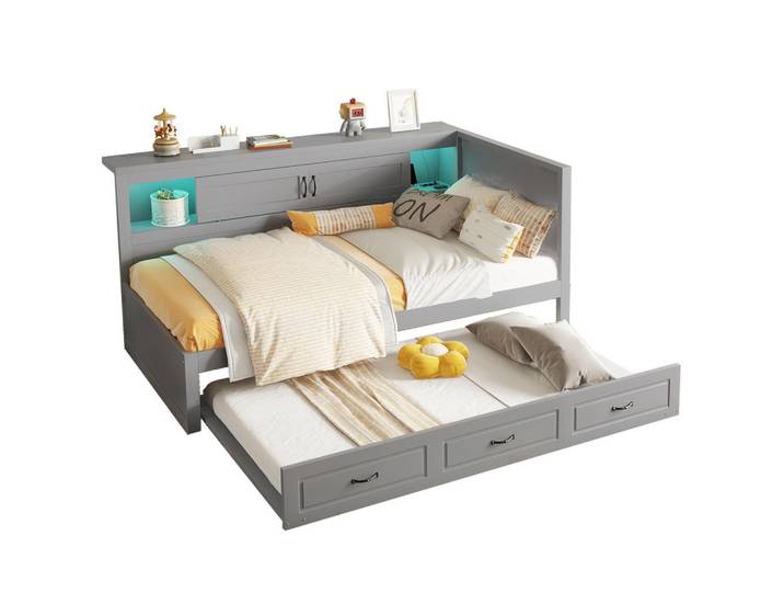 Flora Grace Bett 90/200 cm Grau mit Ausziehbett und LED-Beleuchtung, 90x200 cm, Schlafzimmer, Betten