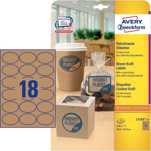 Avery Zweckform Productlabels Bruin Kraft voor Inkjetprinters, Papier, 63,5 x 42,3 mm, Formaat 210 x 297 mm