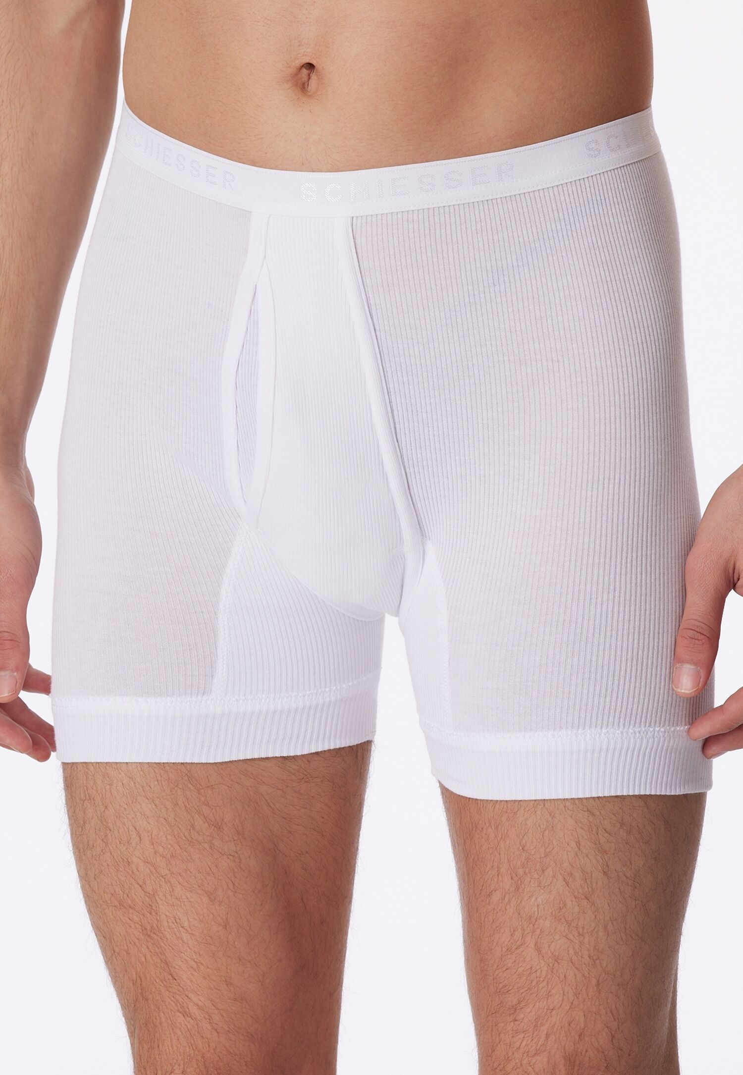 Boxershorts SCHIESSER "Original Classics", Herren, Gr. 8, Doppelripp, weiß (100, weiß), Doppelripp, Obermaterial: 100% Baumwolle, körpernah, Unterhosen Boxershorts, mit Eingriff, etwas längeres Bein