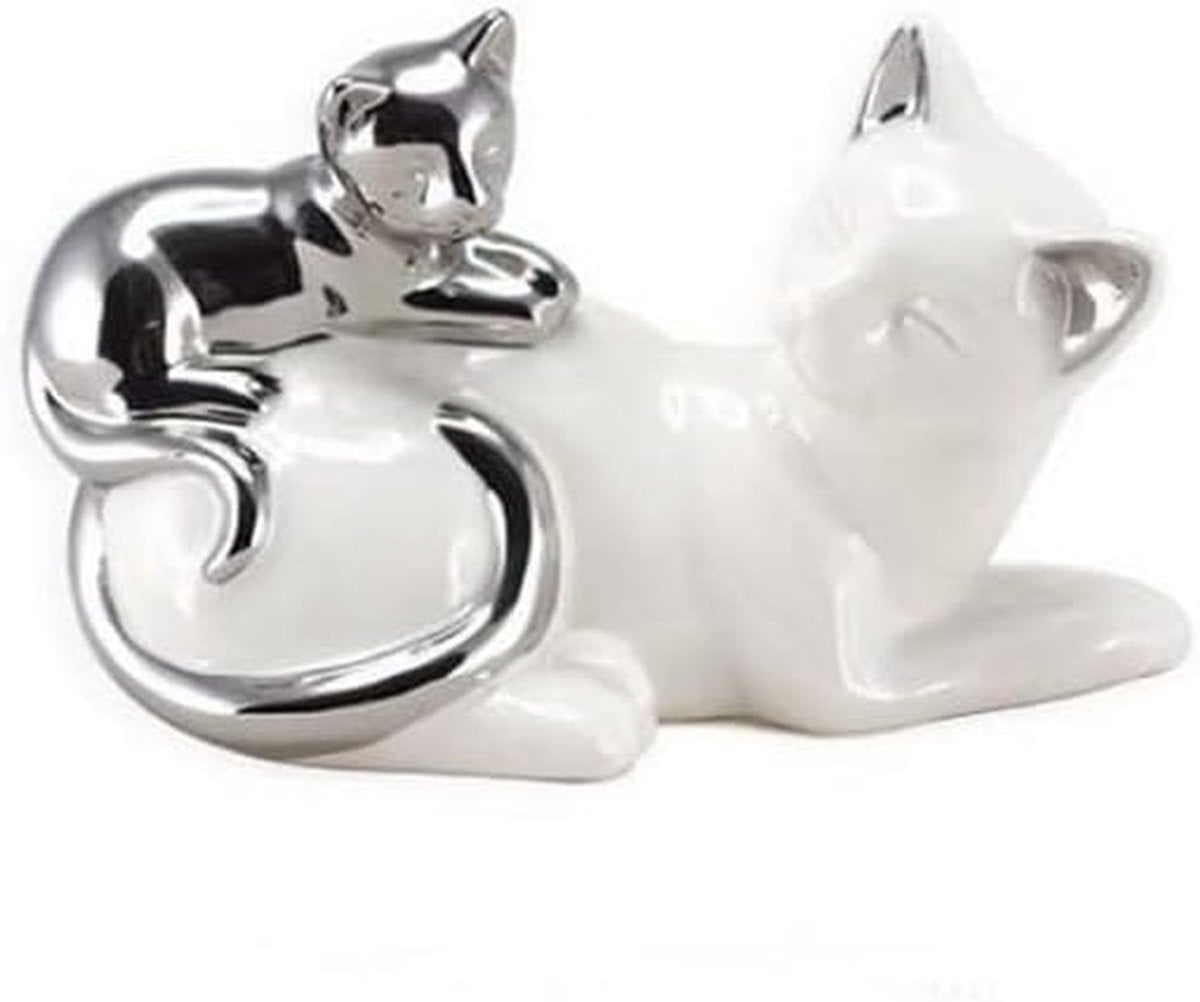 Handgemaakte decoratieve keramiek kat met katje in wit en zilver, Hoogte: 20 cm