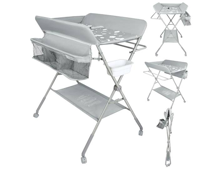 Table à langer pour bébé avec roues, station à langer pliante portable, hauteur réglable, avec organiseur de rangement, avec petit bassin, pour nouveau-né et nourrisson (gris foncé/bleu