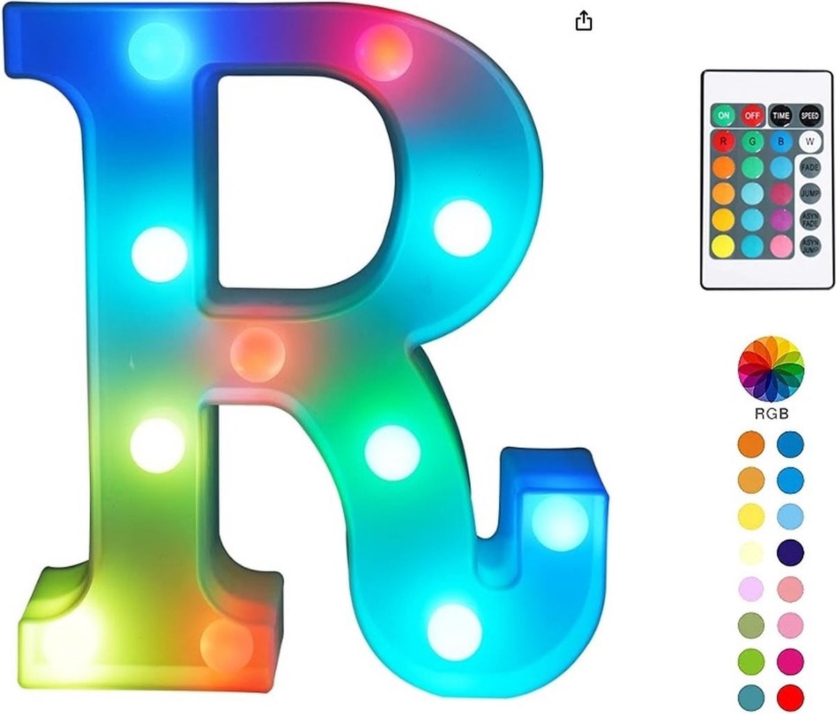 Lichtgevende LED Letter R met RGB-effect en afstandsbediening, 22 cm hoog