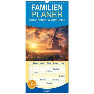 Familienplaner 2026 - Märchenhaft Windmühlen mit 5 Spalten (Wandkalender, 21 x 45 cm) CALVENDO