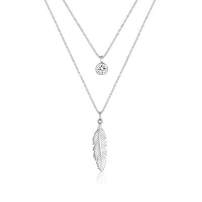 Silberkette ELLI "Halskette Feder Boho 925 Silber, mit Kristallen von Swarovski" Gr. 45, silber, Halsketten, Damen, 45, Silber 925 (Sterlingsilber), Silberkette