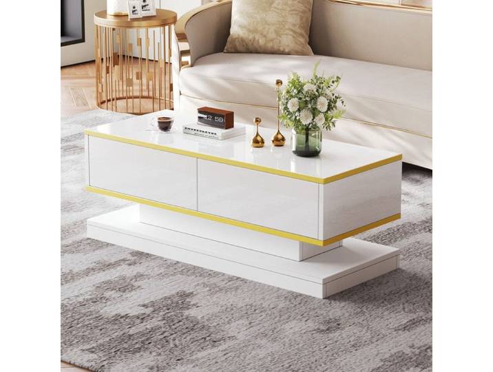 Table basse brillante - 2 grands tiroirs blanc chaud + bord doré table basse - Table Basse Rectangulaire Moderne 100x50x40cm -