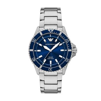 Solaruhr EMPORIO ARMANI "WORLD EXPLORER", blau (edelstahlfarben, dunkeblau, blau), Armbanduhren, Herren, edelstahlfarben, Armbanduhr, Herrenuhr, Edelstahlarmband, analog, Tag
