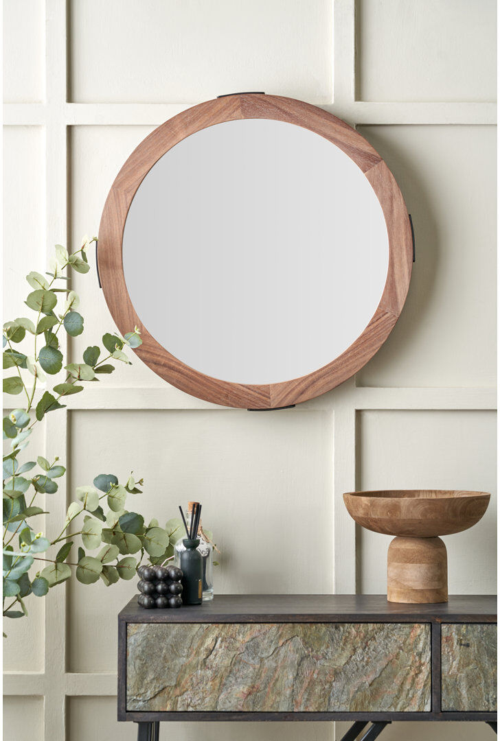 Borough Wharf Annabele Round Wall Mirror Brown Wood 65cm H X 65cm W X 5cm D