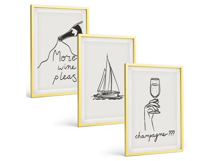 Tulup Bilder SET 3er Set - 40x60 cm Goldrahmen - Weinsegelboot-Glas-Linienzeichnung, Goldfarben, Kunststoff, Rechteckig, 40x60 cm, Fotografie, Bilder & Rahmen, Bilder