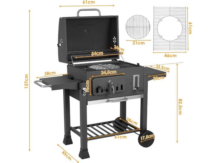 Grand barbecue au charbon de bois avec une surface de cuisson extra-large, barbecue d'extérieur avec des plateaux à charbon relevables et 2 tables latérales, roues