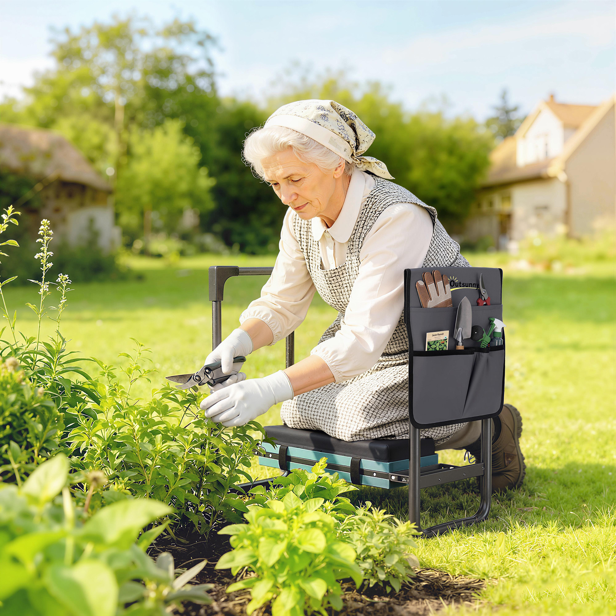 Outsunny Sgabello da Giardino Pieghevole con Cuscinetto in Schiuma EVA Sedile da Giardino con Borsa per Attrezzi Grigio scuro   Aosom Italy