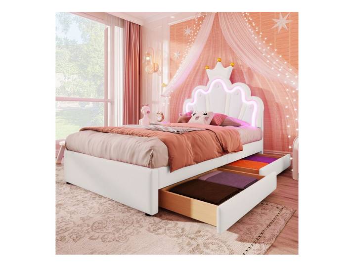 muvano Bett Polsterbett 90x200 Kinderbett LED Licht Prinzessinnenbett Schubladen