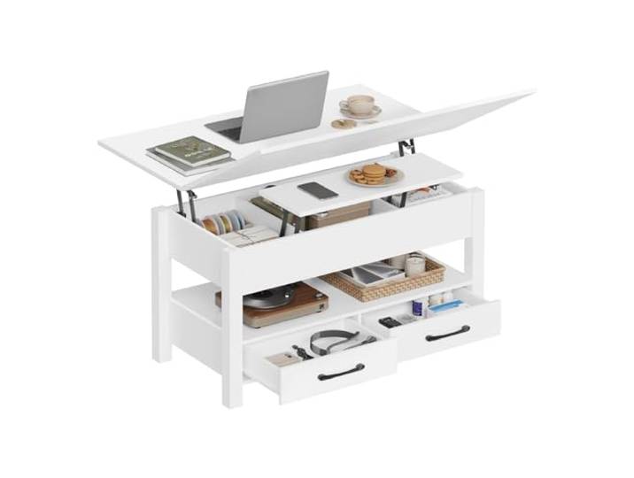 WOLTU Couchtisch höhenverstellbar, Wohnzimmertisch klappbar, 2 Schubladen, 1 offenes Fach und 3 versteckte Fächer unter Tischplatte, für Wohnzimmer Homeoffice, Weiß