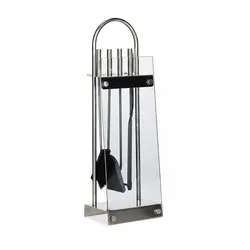 Relaxdays Kaminbesteck Edelstahl, Kamingarnitur 5 teilig, Halter, Schaufel, Besen, Zange, Haken, modern, Glas, silber