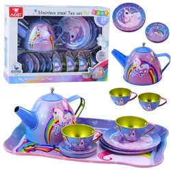 Kinder-Teeservice aus Metall mit Tassen, Teekanne und Tablett Einhorn
