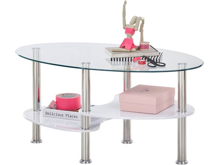 Couchtisch STOLKOM Panty Glastisch, Wohnzimmertisch, Beistelltisch Glas BxHxT 90x42x55 cm , weiss (glas, weiß, edelstahl, glas), H:42cm, Tische, Couchtisch, Sicherheitsglas 8mm, Ablage in MDF Eiche Artisan und Eiche Sonoma