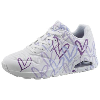 Wedgesneaker SKECHERS "UNO-SPREAD THE LOVE", Damen, Gr. 36, lila (weiß, lila), Lederimitat, kontrastfarbene Details, Schuhe, Freizeitschuh, Halbschuh, Schnürschuh mit coolem Graffiti-Print