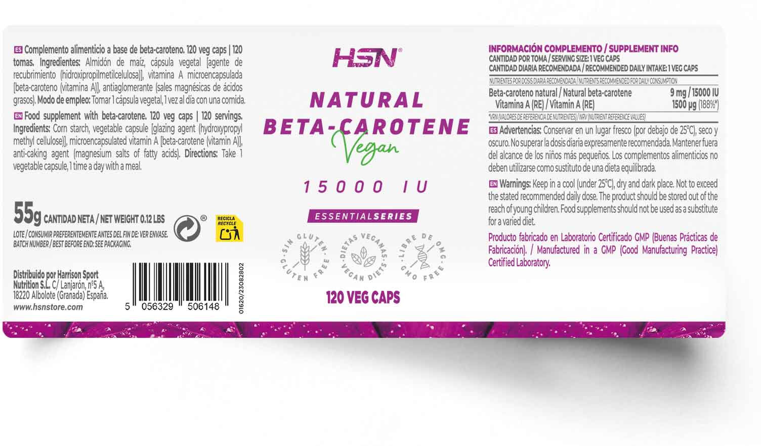 HSN Beta-caroteno natural (vitamina A) 15000UI - 120 veg caps - Saúde ocular - Cápsulas Vegetales - 120 Serviços