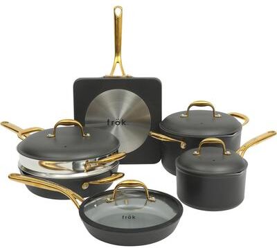 Frok 10 Piece Cearmic Nonstick Aluminum Cookware Set in Black with Gold Handles