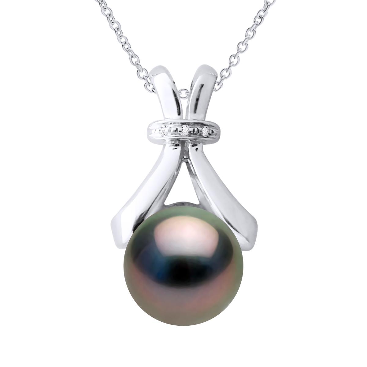 Halskette Schmuck Diamant 0,01 Karat Weißgold und echte Tahiti-Zuchtperle rund 7-8 mm