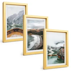 BILDER SET 3er Set - 20x30 cm Goldrahmen - Berge, See, Boot, Strand, Landschaft