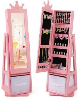Costway Kids Jewelry Armoire Cabinet with Large Storage Capacity and Swivel Base-Pink