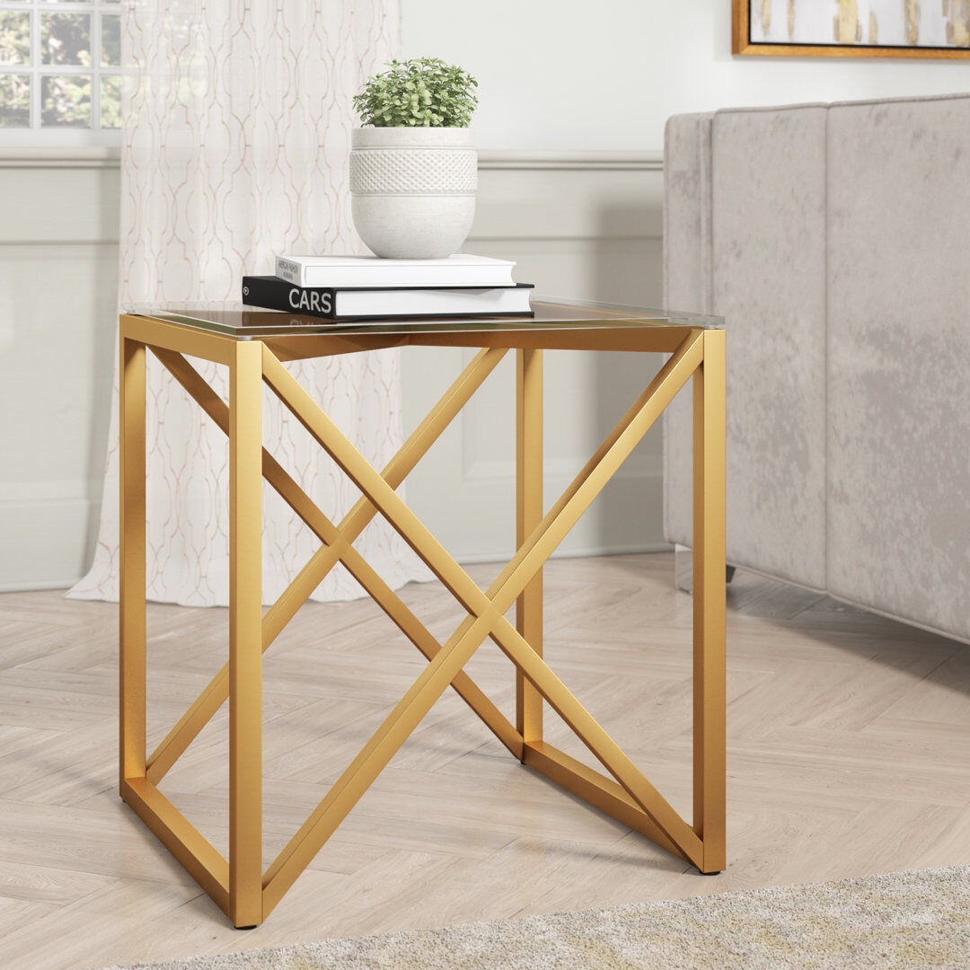 Blue Elephant Glass Top Sled End Table Brass 55.9cm H X 50.8cm W X 50.8cm D