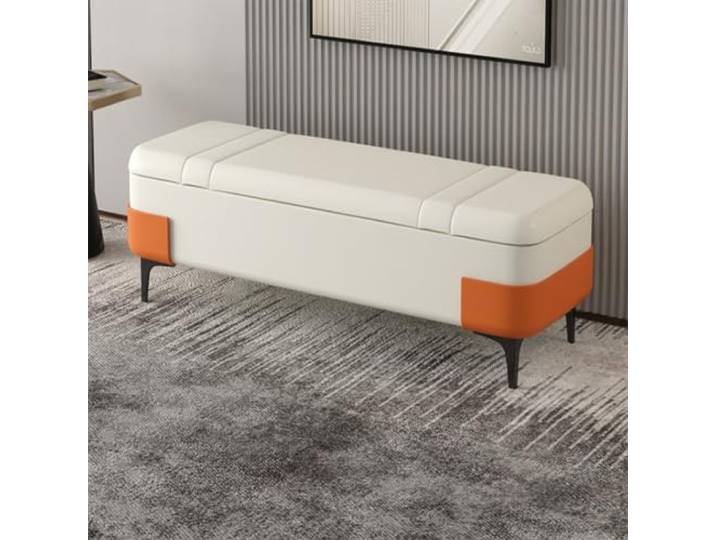 Sitzbank mit Stauraum, moderne Leder Bettbank mit Metallrahmen für Flur Leder Polsterbank, Stauraum am Bettende, stabiler Metallrahmen, modernes Design(White,100*40*40cm)