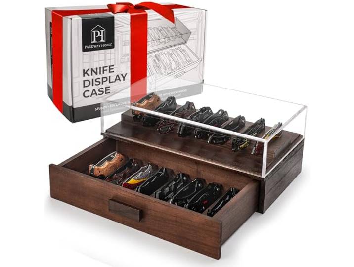 Taschenmesser-Vitrine für 16 Messer - Holzmesser-Sammelkoffer Klarer Deckel - Zweistöckige Messerkoffer für Sammlungen mit einem herausnehmbaren Schubladeneinsatz für weitere EDC-Artikel, EDC-Etui -