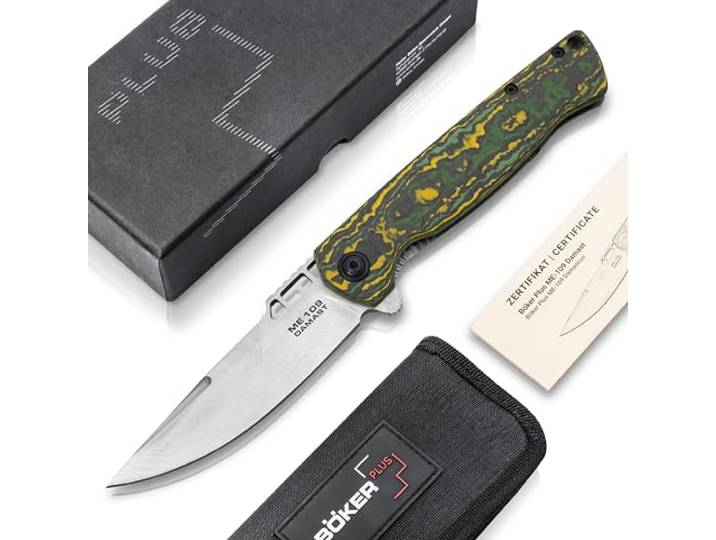 BÖKER PLUS ME 109 Damast - Sammel Piloten Klappmesser mit Damaszener Klinge Premium Framelock Taschenmesser aus historischem Stahl des Messerschmitt Kampfflugzeugs - Flipper Messer mit Clip in Etui