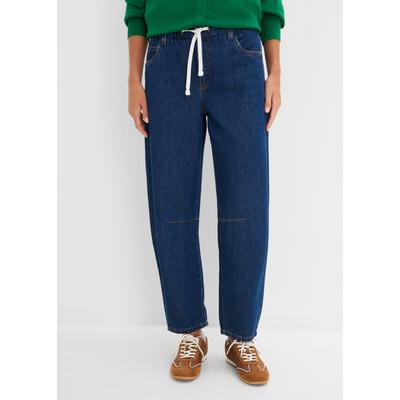 Loose-fit-Jeans BONPRIX, Damen, Gr. 46, N-Gr, tiefblau denim ungewaschen, cognacgold (länge: regulär), Obermaterial: 100% Baumwolle, loose fit, Jeans, Barrel-Jeans, mit Mid Waist-Bund, in Cropped-Länge, aus Baumwolle