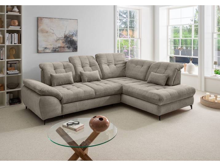 Ecksofa OTTO HOME Delphino modern & bequem, Multifunktionen: Bettfunktion, 288cm , beige (silber, zierkissen silber), B:255cm H:94cm T:216cm, 93% Polyester, 7% Polyamid, Sofas, Ecksofa, zwei verschiedene Fußfarben wählbar