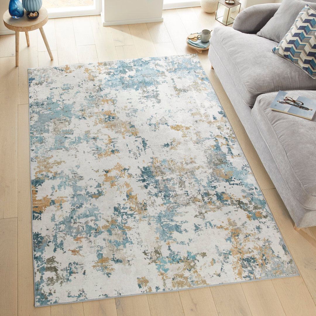 East Urban Home Abstract Blue Washable/Stain Guarded Area Rug Aqua Rectangle 200 x 300 cm