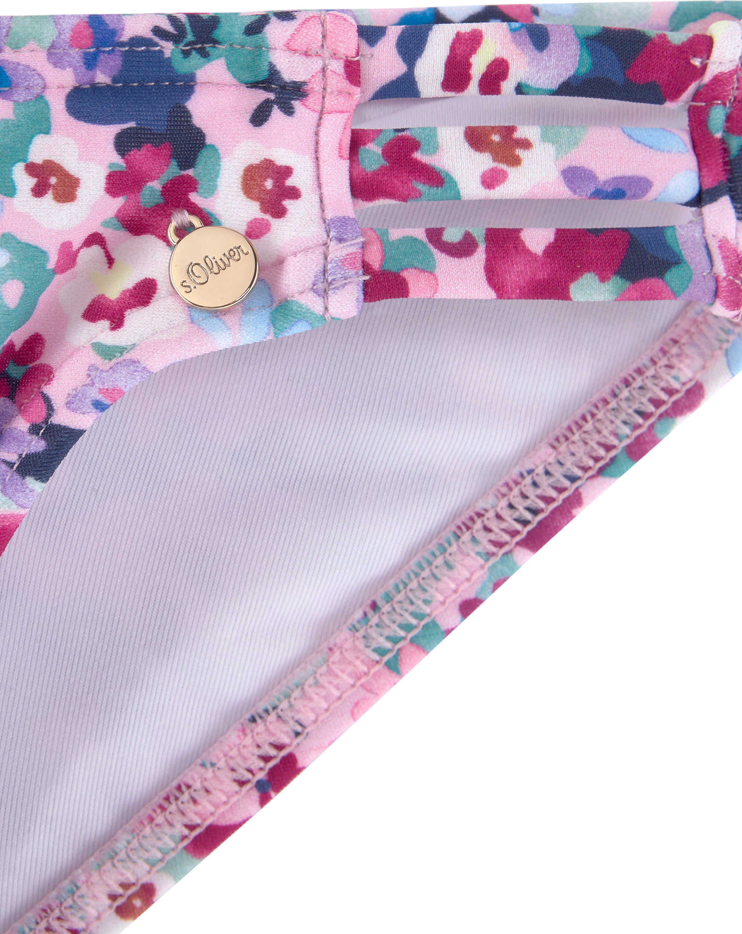 Bandeau-Bikini S.OLIVER "Scatter Kids", Mädchen, Gr. 158/164, N-Gr, lila (lila, bedruckt), Polyamid, bedruckt, geblümt, Bikini-Sets Bandeau-Bikini, mit sommerlichem Blumendruck lila, bedruckt 158/164, N-Gr