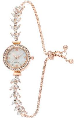 Uplift Essentials Crystal Diamond Wedding Wristwatch Elegant Quartz Bracelet Watch With Adjustable Fit For Brides And Banquets rose Gold