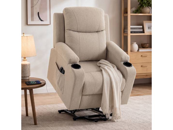 HOMCOM Fauteuil Releveur Massant Chauffant Inclinable Lin Crème