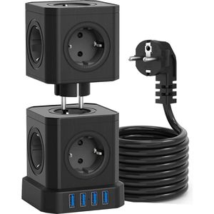 Voomy Steckdosenwürfel Power Cube S10, mit Schalter, schwarz, 10-fach Schutzkontakt, 4x USB-A, mit 2 m Kabel