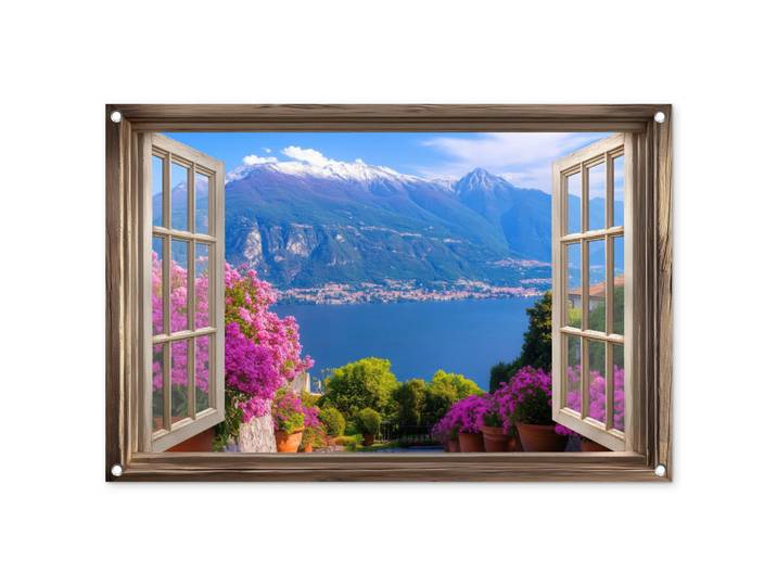OnlyWow Gartenposter - Durchblick - Berg - Landschaft - Ausblicke - See - 90x60 cm, Blau, Kunststoff, Rechteckig, 90x60x0.2 cm, Bilder & Rahmen, Bilder, Wandbilder