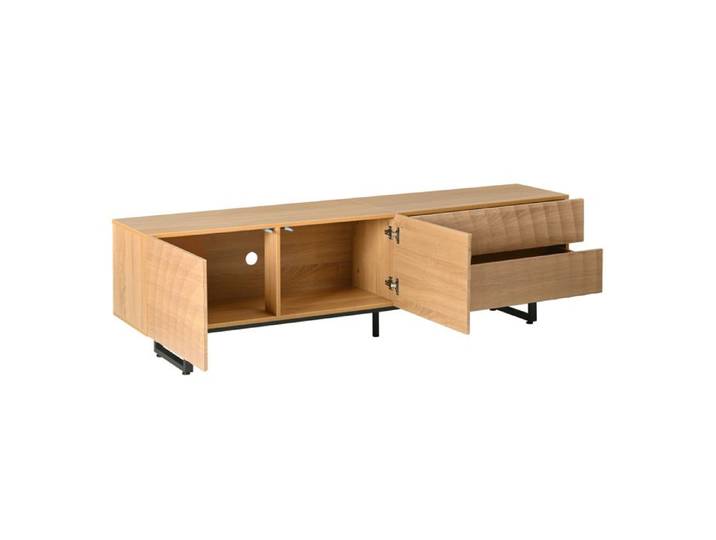 WOVREO Meuble TV 180 cm aspect bois naturel 2 portes 2 tiroirs texture 3D ondulée