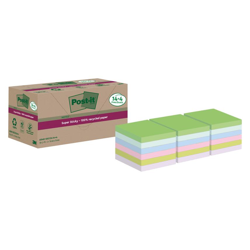 Post-it Super Sticky Recycling (76 x 76 mm) (654 RSSCOL14+4)