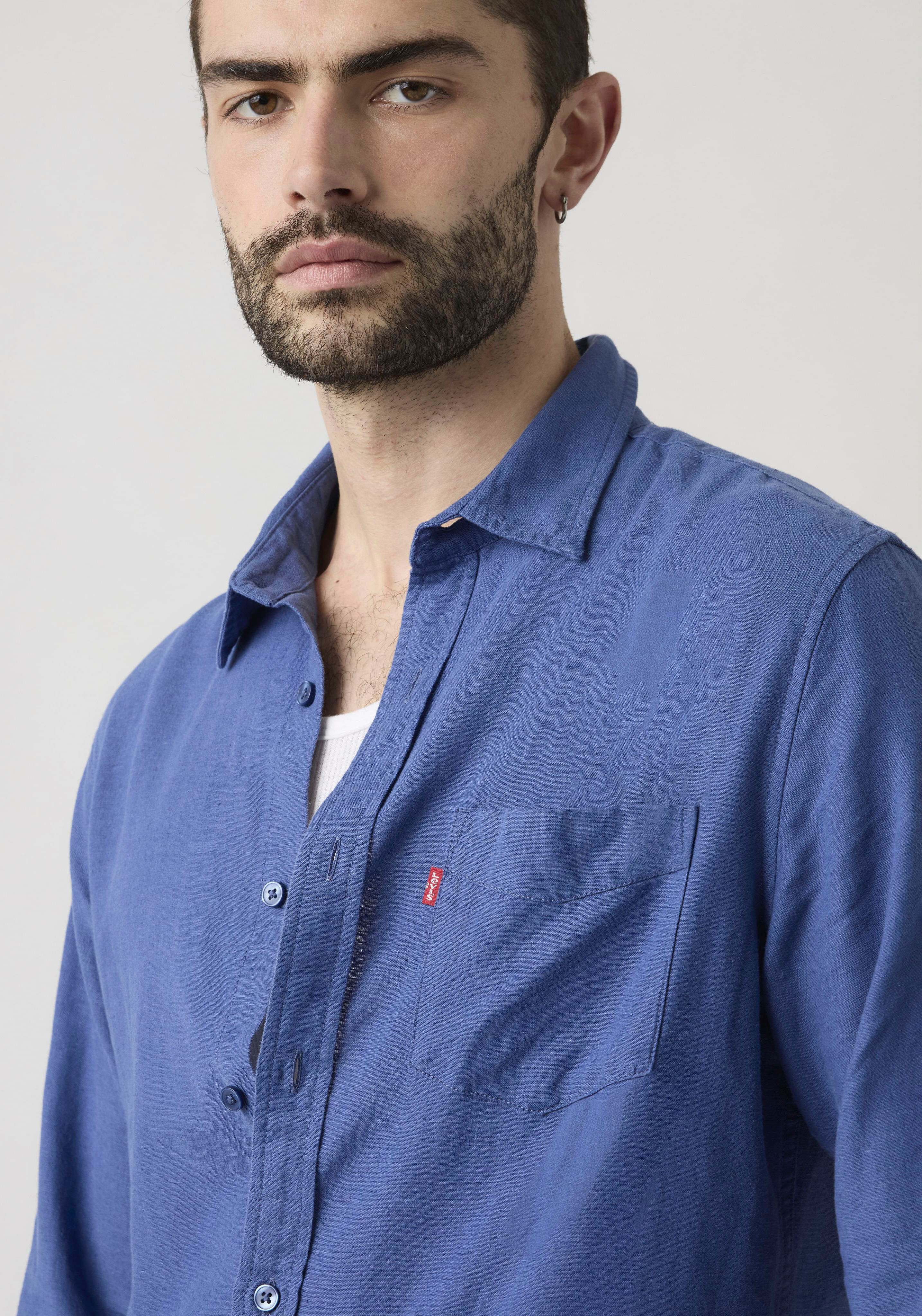 Jeanshemd LEVI'S "SUNSET 1 POCKET STANDARD", Herren, Gr. S, N-Gr, blau (sunshine blau cotton linen), Web, Obermaterial: 43% Leinen, 34% Viskose, 23% Baumwolle, Hemden Jeanshemd sunshine blau cotton linen S, N-Gr