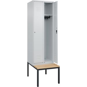 CP-Möbel Spind Classic PLUS, lichtgrau, 2 Abteile, 60 x 212 cm, mit Sitzbank & Zylinderschloss