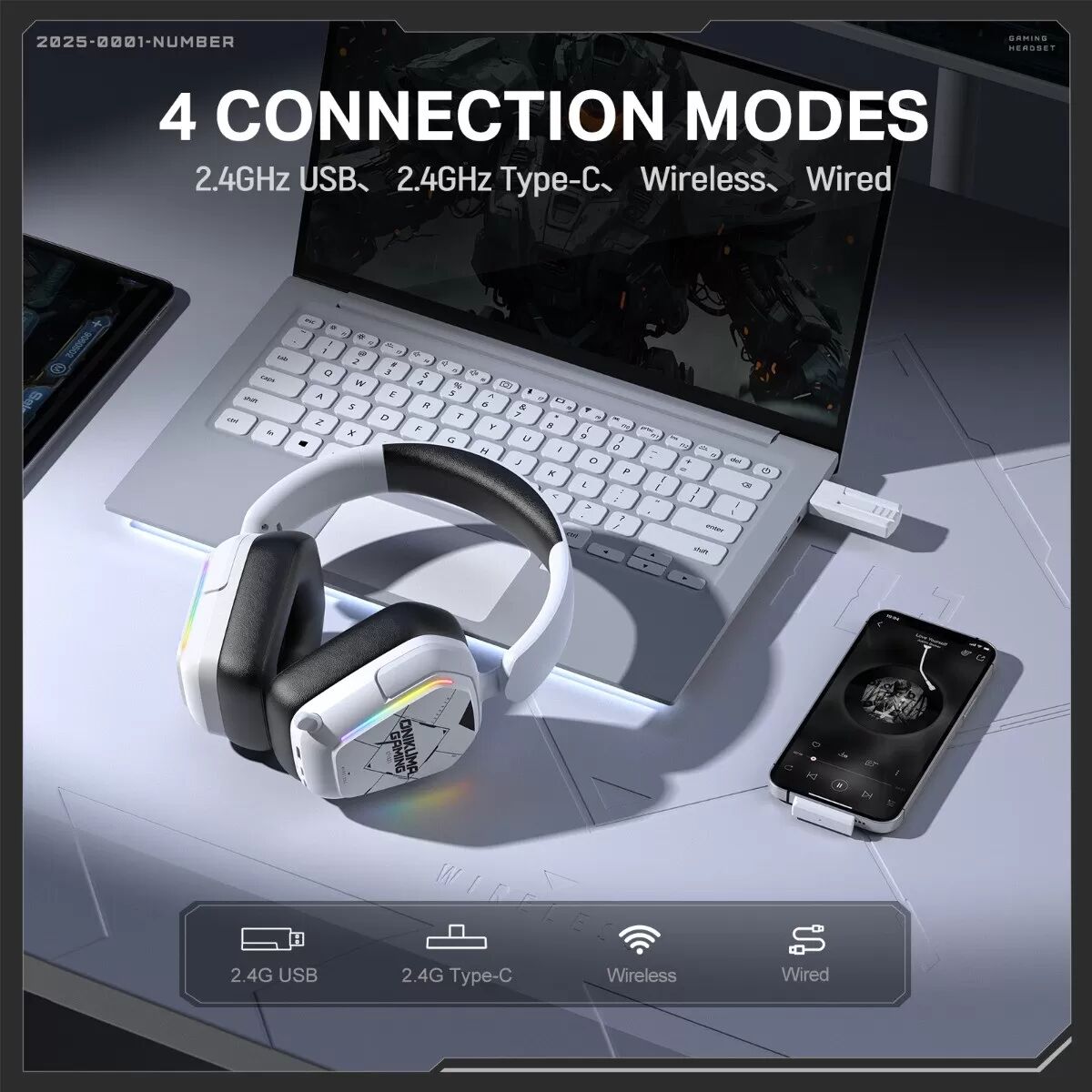 INF Weißes Over-Ear 3‑Modi kabelloses Gaming-Headset (Bluetooth+2.4G+Kabel) – 40mm Treiber, 1000mAh Akku, Type-C