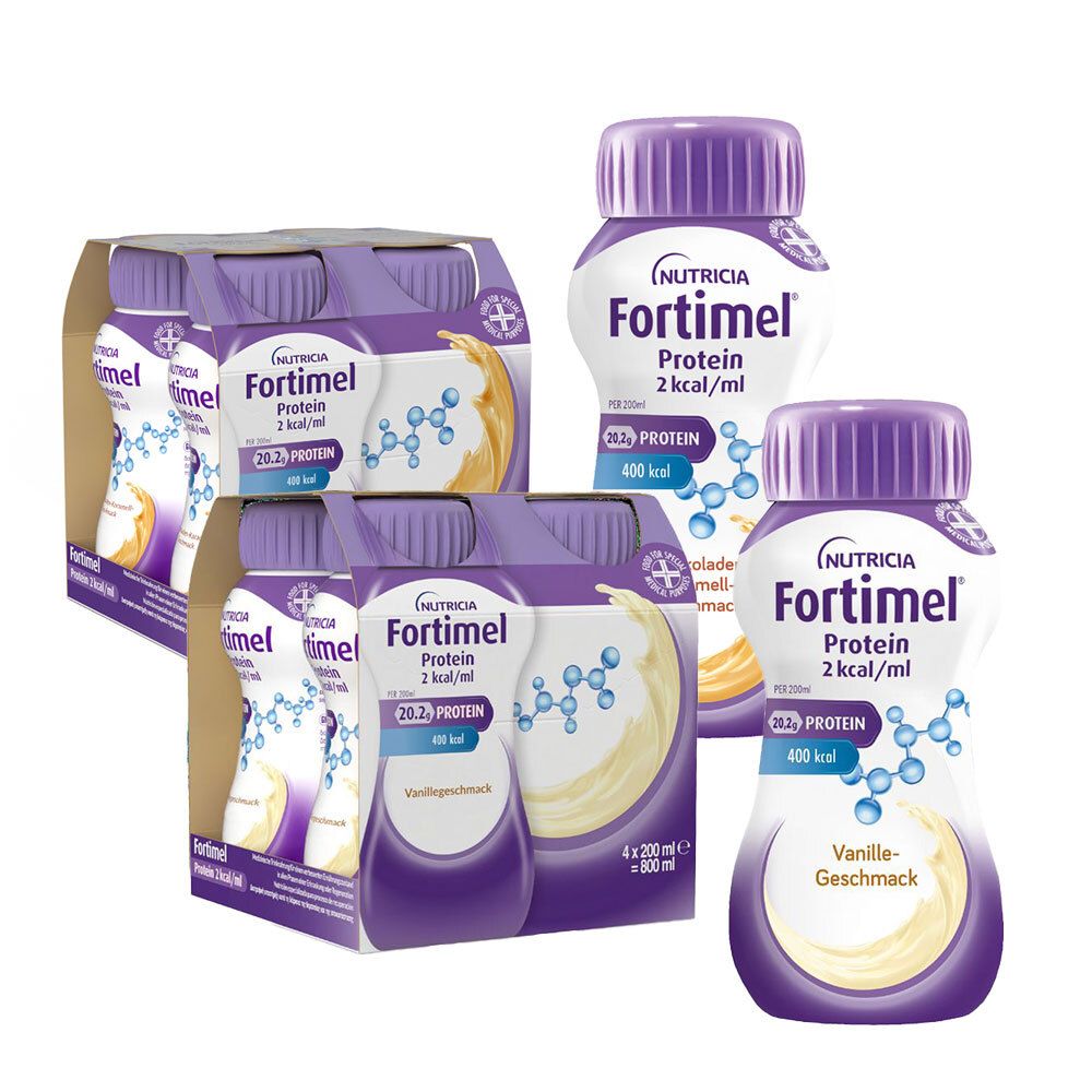 Fortimel Protein 2 kcal Schoko.-Karamell Trinknahr & Vanillegeschm 2x4x200 ml Flüssigkeit